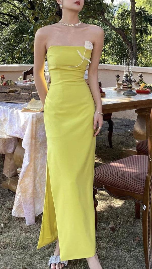AIIZIE LEMON YELLOW FLOWER EMBELLISHED SLIT MAXI DRESS - product image