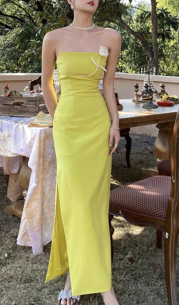 LEMON YELLOW FLOWER EMBELLISHED SLIT MAXI DRESS