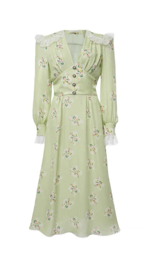 AIIZIE LIGHT GREEN V NECK FLORAL SILK MIDI DRESS - product image