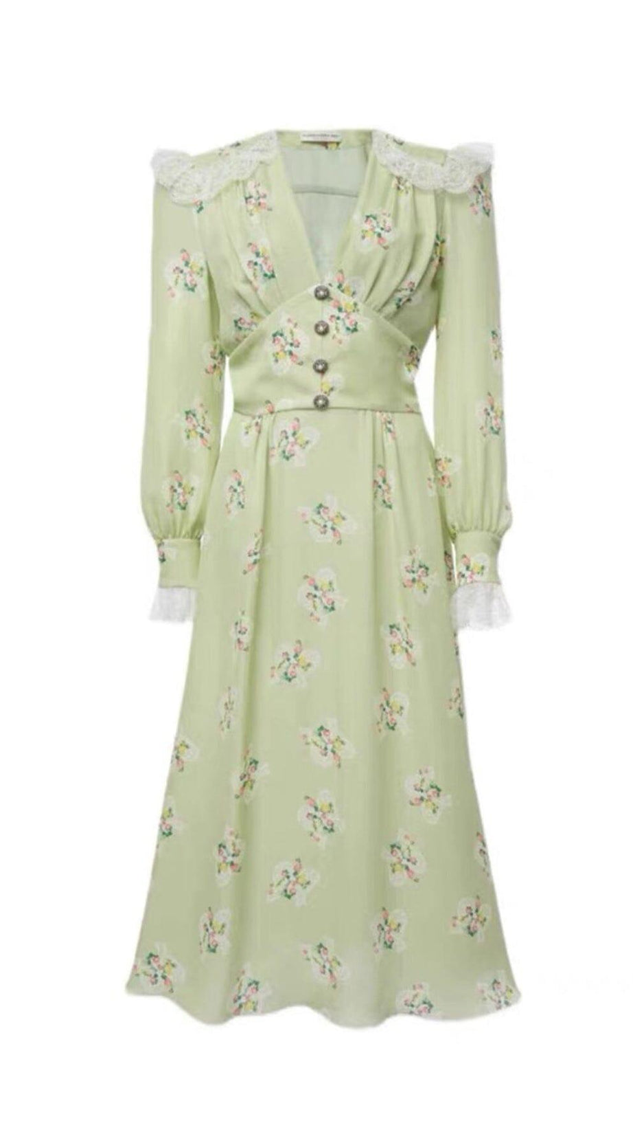 HELLGRÜNES MIDIKLEID AUS SEIDE MIT V-AUSSCHNITT UND BLUMENMUSTER