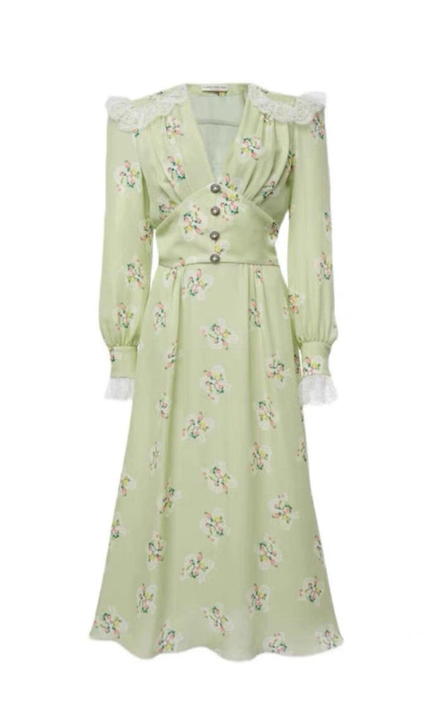 LIGHT GREEN V NECK FLORAL SILK MIDI DRESS