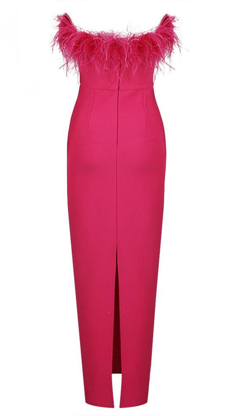 FEATHER BODYCON MAXI DRESS IN PINK