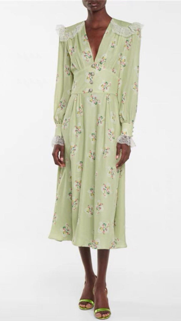 AIIZIE LIGHT GREEN V NECK FLORAL SILK MIDI DRESS - product image