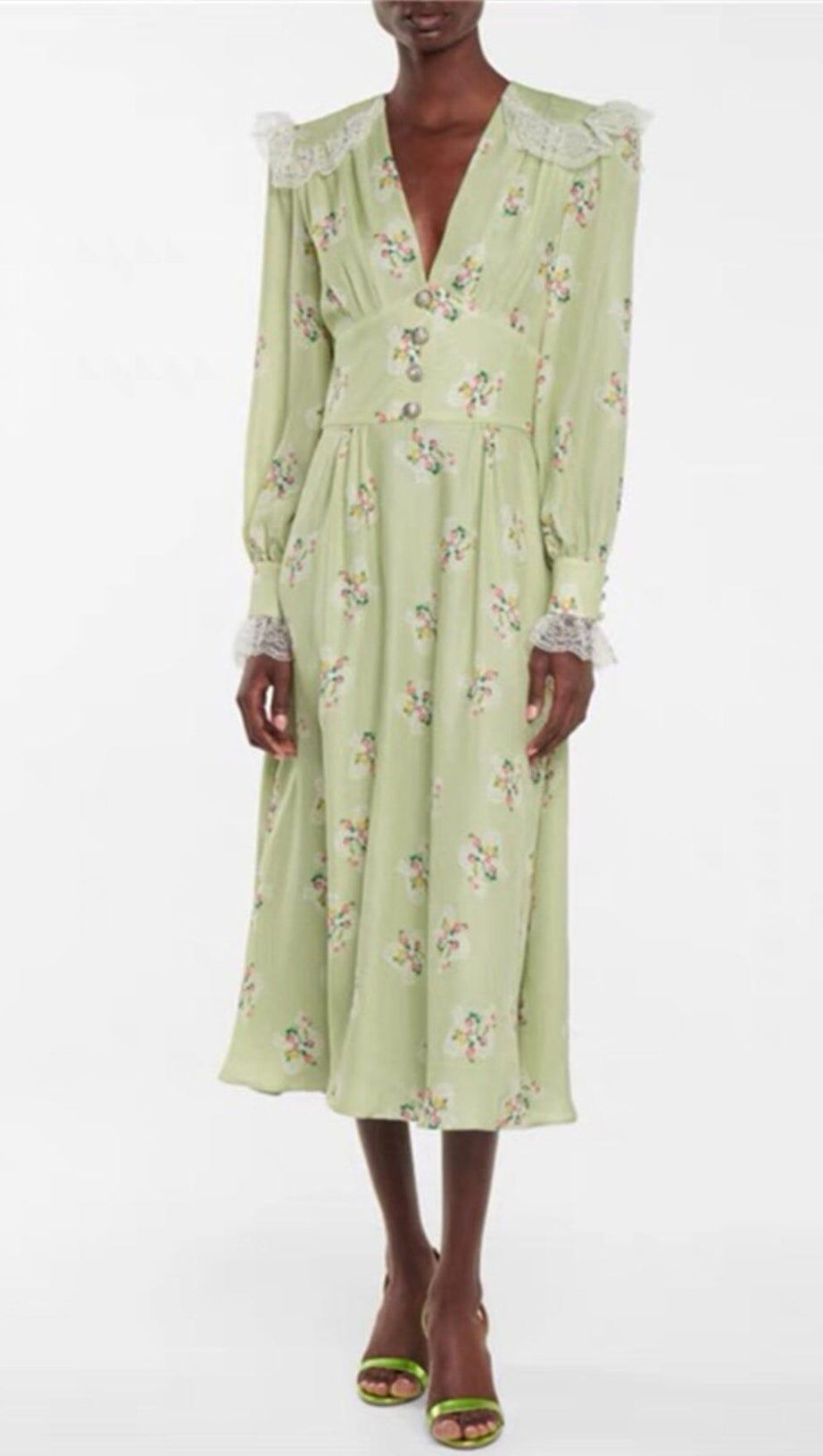 LIGHT GREEN V NECK FLORAL SILK MIDI DRESS