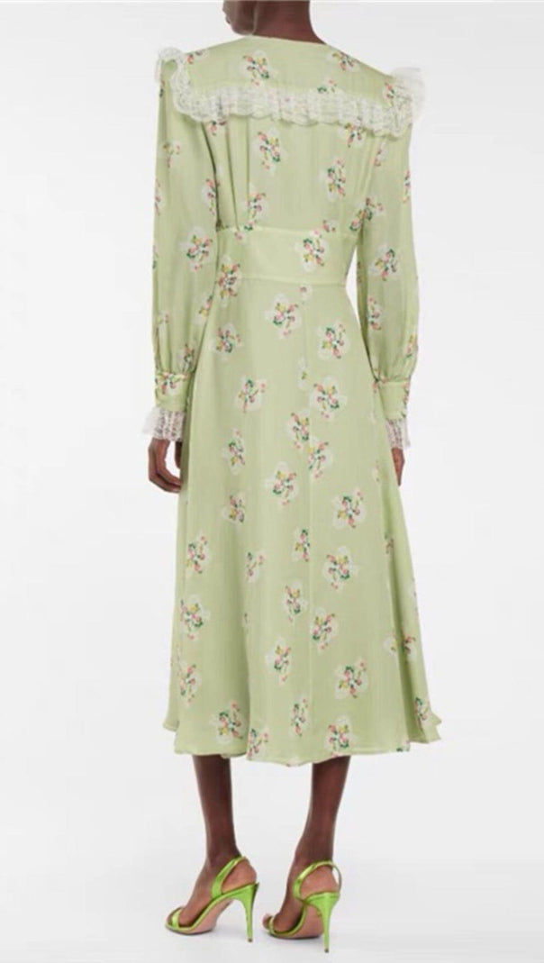 AIIZIE LIGHT GREEN V NECK FLORAL SILK MIDI DRESS - product image