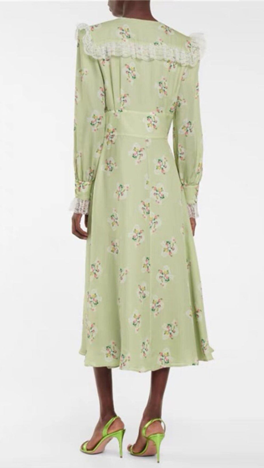 LIGHT GREEN V NECK FLORAL SILK MIDI DRESS