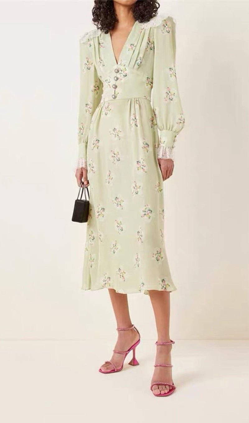 LIGHT GREEN V NECK FLORAL SILK MIDI DRESS