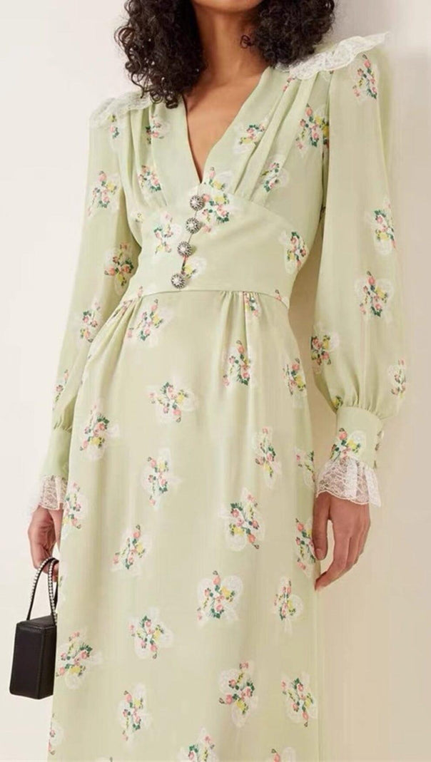 AIIZIE LIGHT GREEN V NECK FLORAL SILK MIDI DRESS - product image