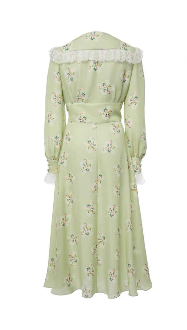 AIIZIE LIGHT GREEN V NECK FLORAL SILK MIDI DRESS - product image