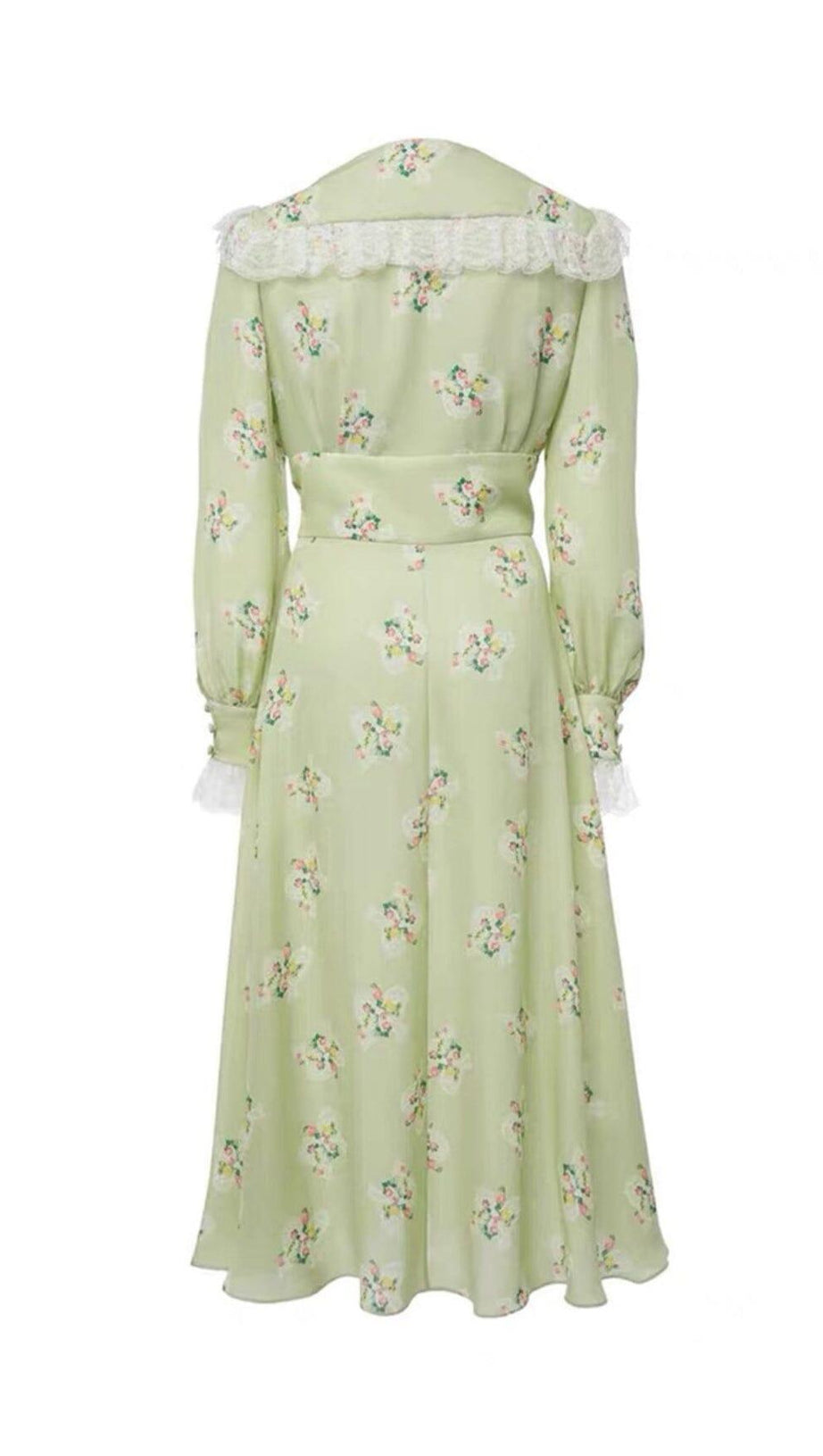 LIGHT GREEN V NECK FLORAL SILK MIDI DRESS