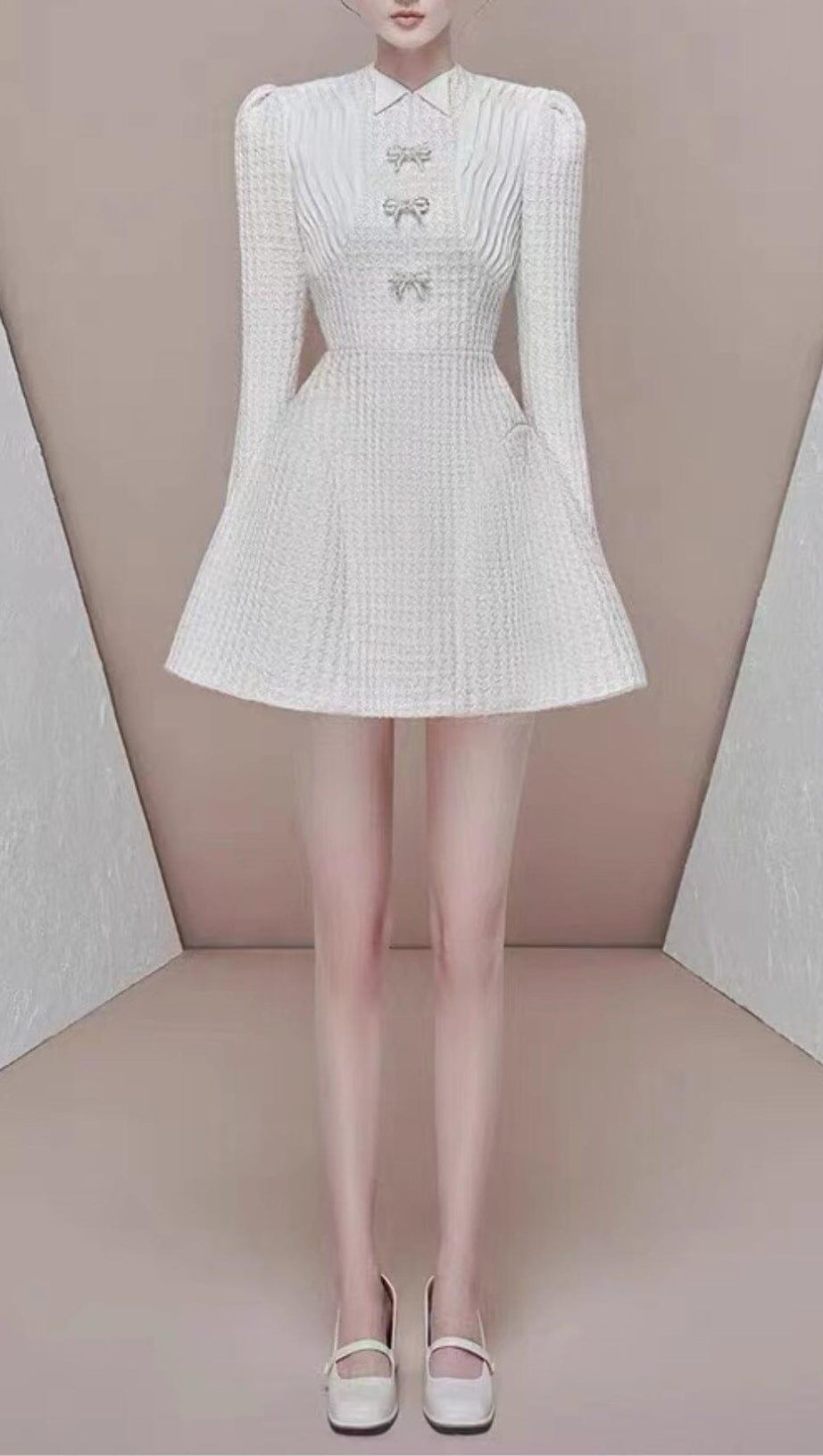 LONG SLEEVE BOW A-LINE MINI DRESS IN WHITE