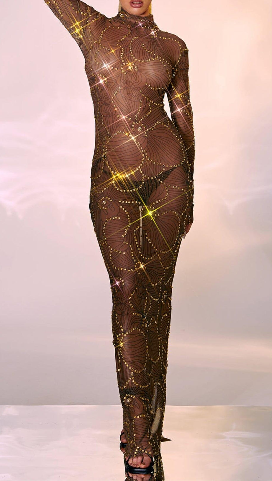 LONG SLEEVE FLOWER RHINESTONE MAXI DRESS