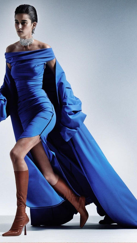 ABITO CORSETTO IN RASO SPACCATO BLU