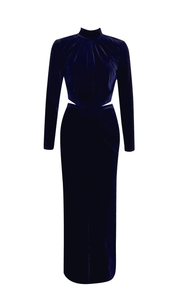 AIIZIE DARK BLUE HALF-HIGH COLLAR LONG-SLEEVED HOLLOW TIGHT SLIT MAXI DRESS - product image