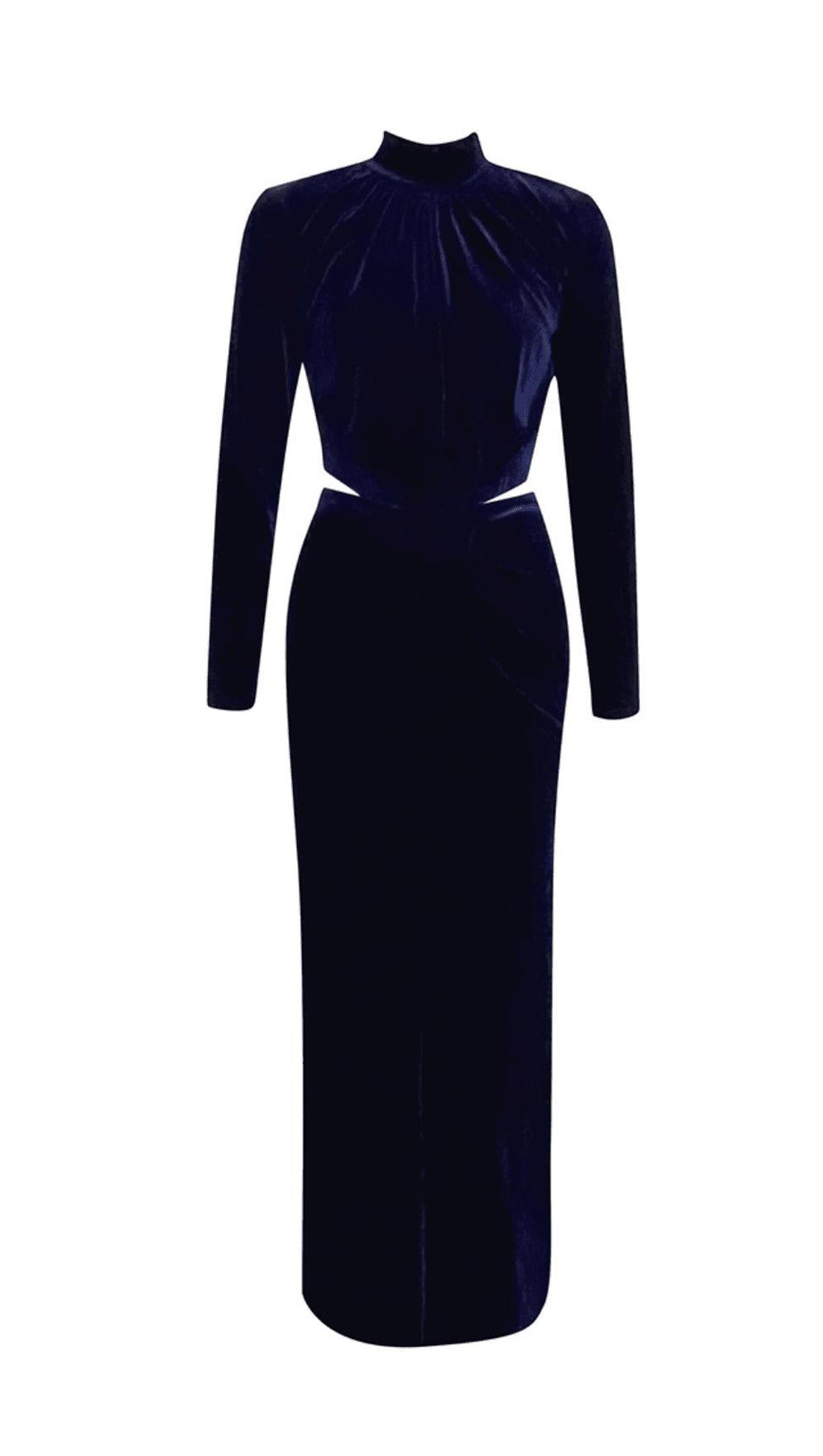 Dunkelblaues Maxikleid mit halbem Kragen, langen Ärmeln, engem Schlitz und Hohlsaum