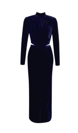 DARK BLUE HALF-HIGH COLLAR LONG-SLEEVED HOLLOW TIGHT SLIT MAXI DRESS