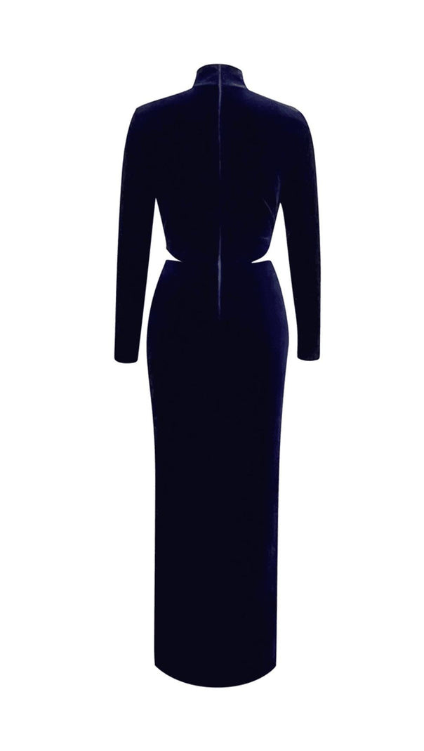 AIIZIE DARK BLUE HALF-HIGH COLLAR LONG-SLEEVED HOLLOW TIGHT SLIT MAXI DRESS - product image