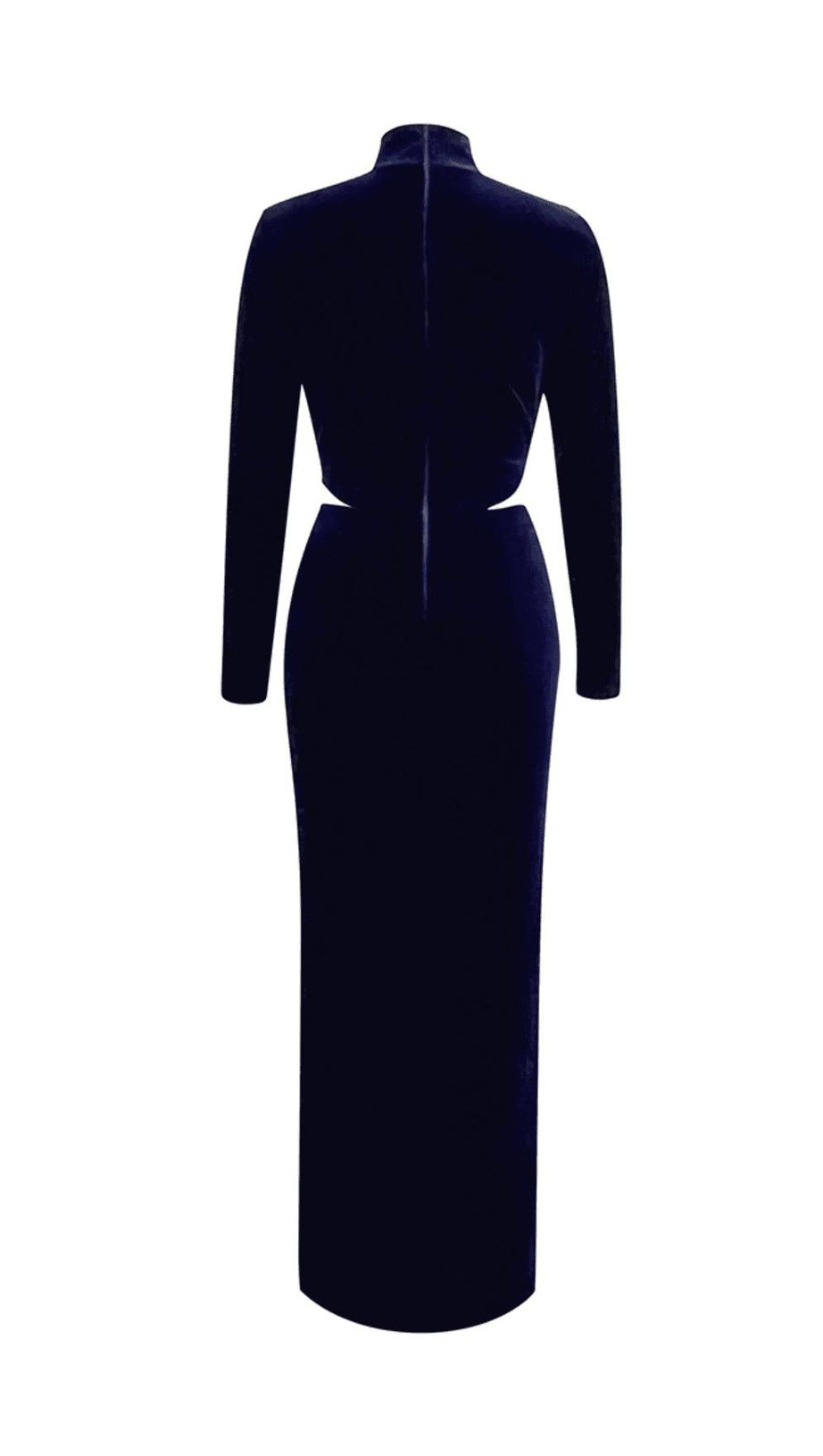 DARK BLUE HALF-HIGH COLLAR LONG-SLEEVED HOLLOW TIGHT SLIT MAXI DRESS