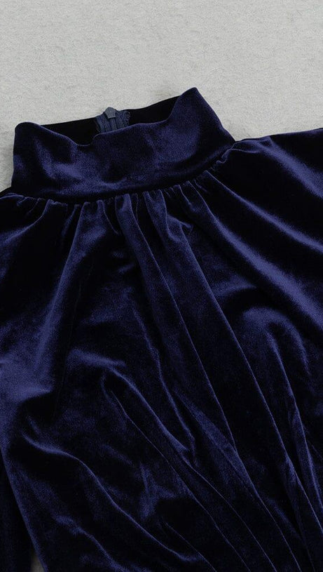 DARK BLUE HALF-HIGH COLLAR LONG-SLEEVED HOLLOW TIGHT SLIT MAXI DRESS