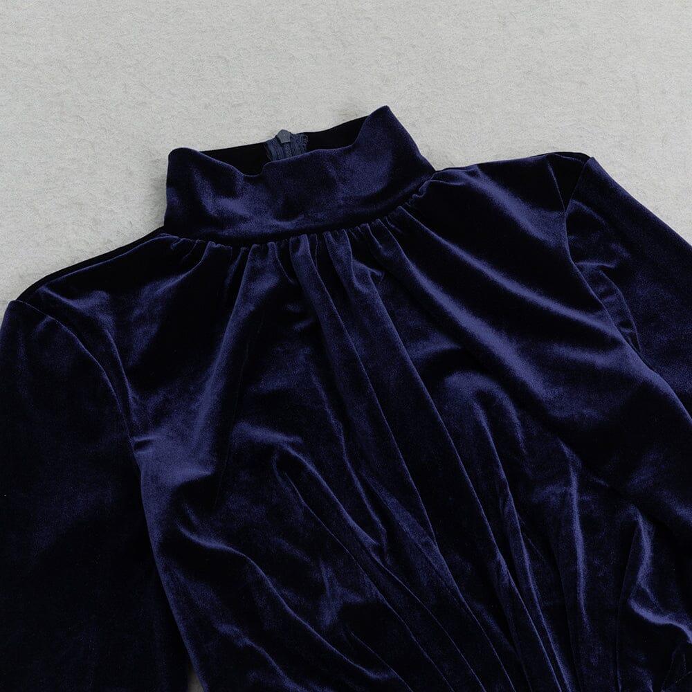 AIIZIE DARK BLUE HALF-HIGH COLLAR LONG-SLEEVED HOLLOW TIGHT SLIT MAXI DRESS - product image