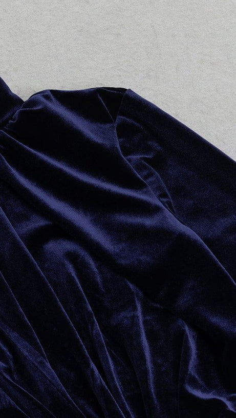 DARK BLUE HALF-HIGH COLLAR LONG-SLEEVED HOLLOW TIGHT SLIT MAXI DRESS