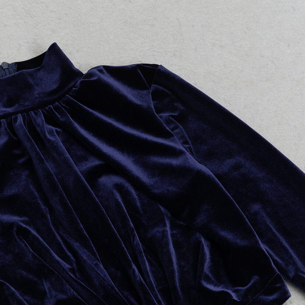 AIIZIE DARK BLUE HALF-HIGH COLLAR LONG-SLEEVED HOLLOW TIGHT SLIT MAXI DRESS - product image