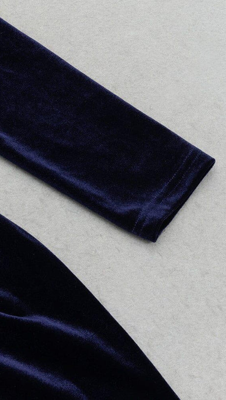 DARK BLUE HALF-HIGH COLLAR LONG-SLEEVED HOLLOW TIGHT SLIT MAXI DRESS