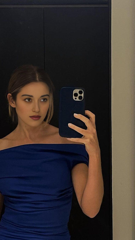 ABITO CORSETTO IN RASO SPACCATO BLU