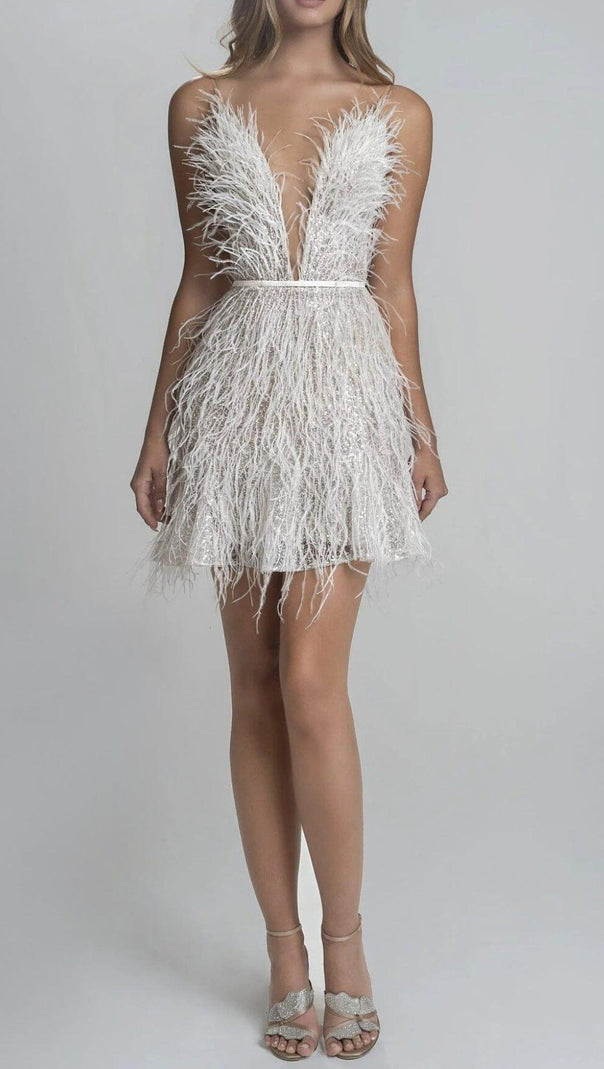 AIIZIE DEEP V PLUNGE NECK FEATHER CAMI DRESS - product image