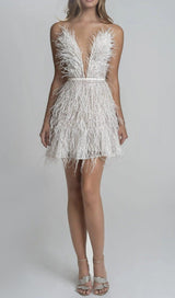 Deep V Plunge Neck Feather Cami Dress