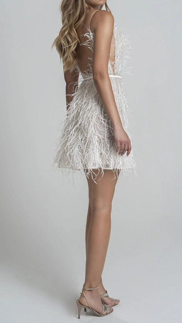 AIIZIE DEEP V PLUNGE NECK FEATHER CAMI DRESS - product image
