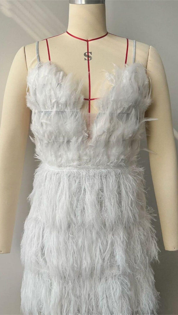 AIIZIE DEEP V PLUNGE NECK FEATHER CAMI DRESS - product image