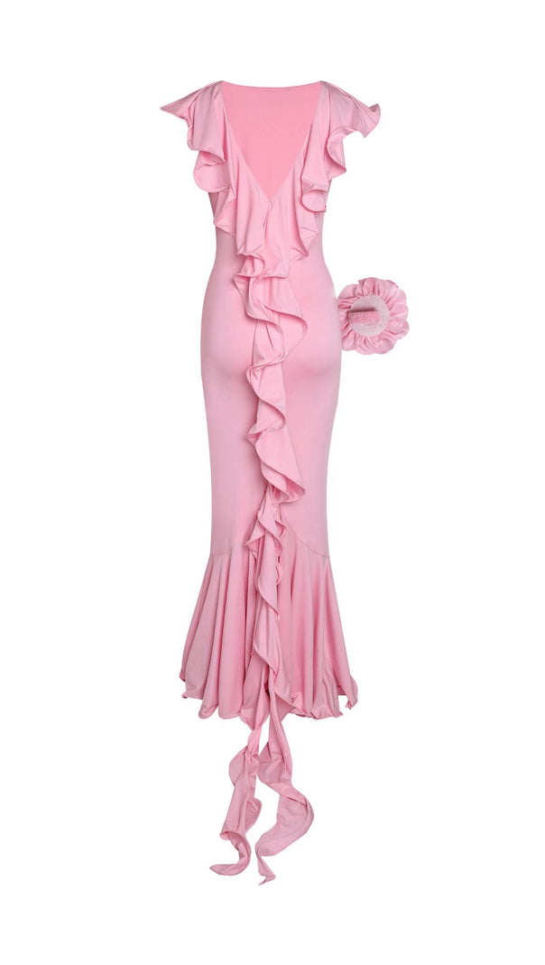 AIIZIE DEEP V-NECK RUFFLED FLORAL EMBELLISHED MAXI DRESS - product image
