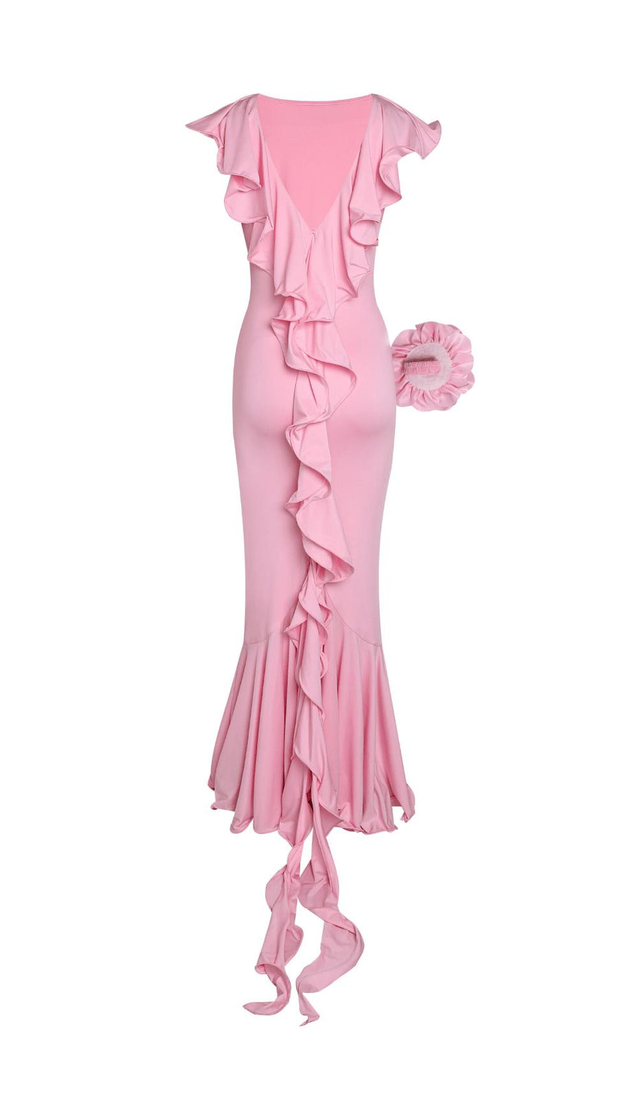 DEEP V-NECK RUFFLED FLORAL EMBELLISHED MAXI DRESS