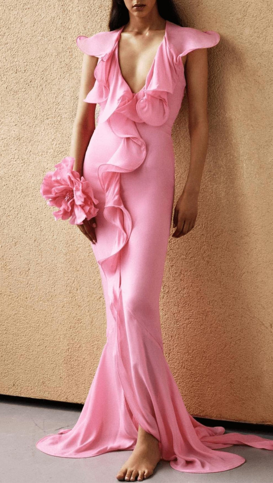 DEEP V-NECK RUFFLED FLORAL EMBELLISHED MAXI DRESS