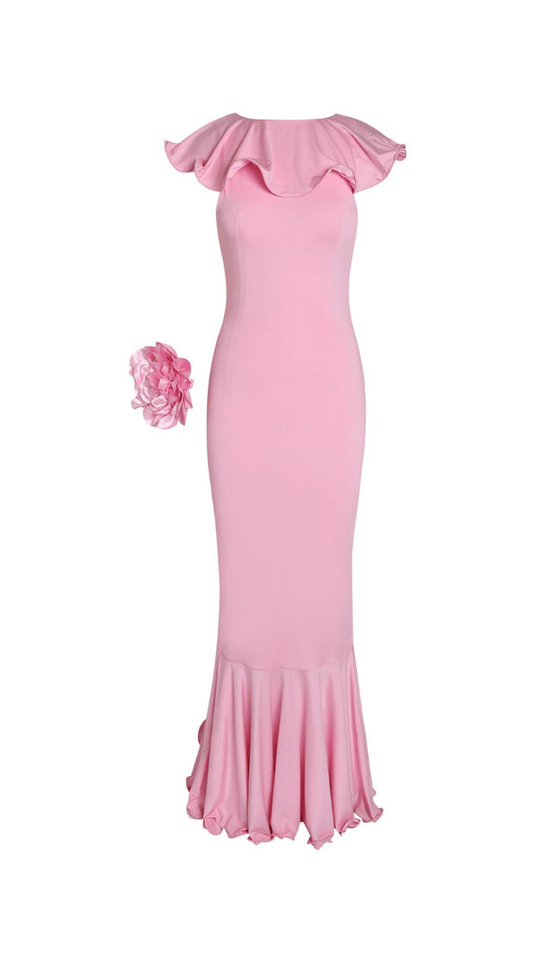 AIIZIE DEEP V-NECK RUFFLED FLORAL EMBELLISHED MAXI DRESS - product image