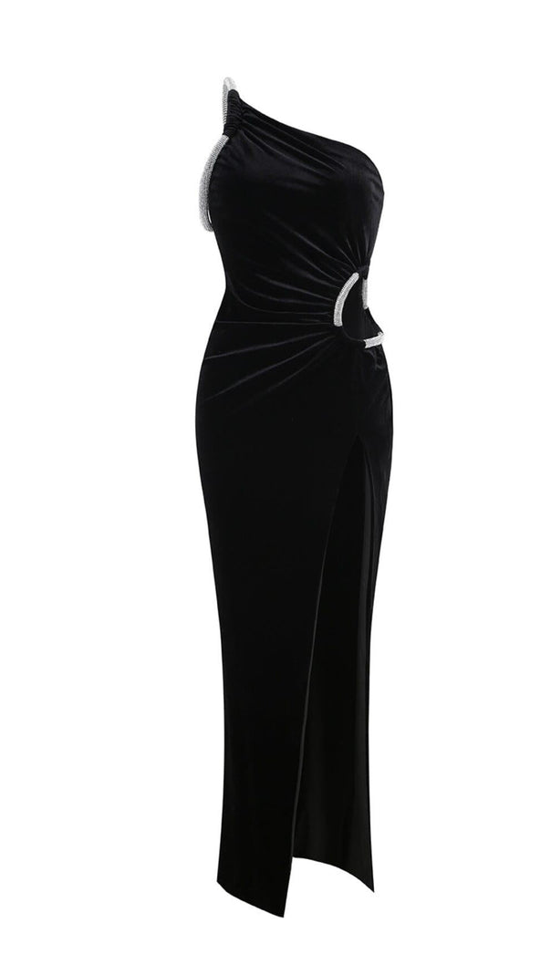AIIZIE ELEGANT BLACK SEXY HOLLOW OUT ROBE HIGH SLIT MAXI DRESS - product image