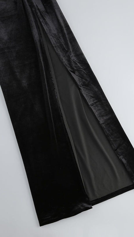 ELEGANTE ABITO LUNGO NERO SEXY CON SPACCO ALTO E SCOLLO A V