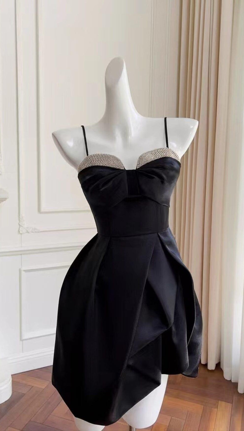 ELEGANT SUSPENDER MINI DRESS IN BLACK