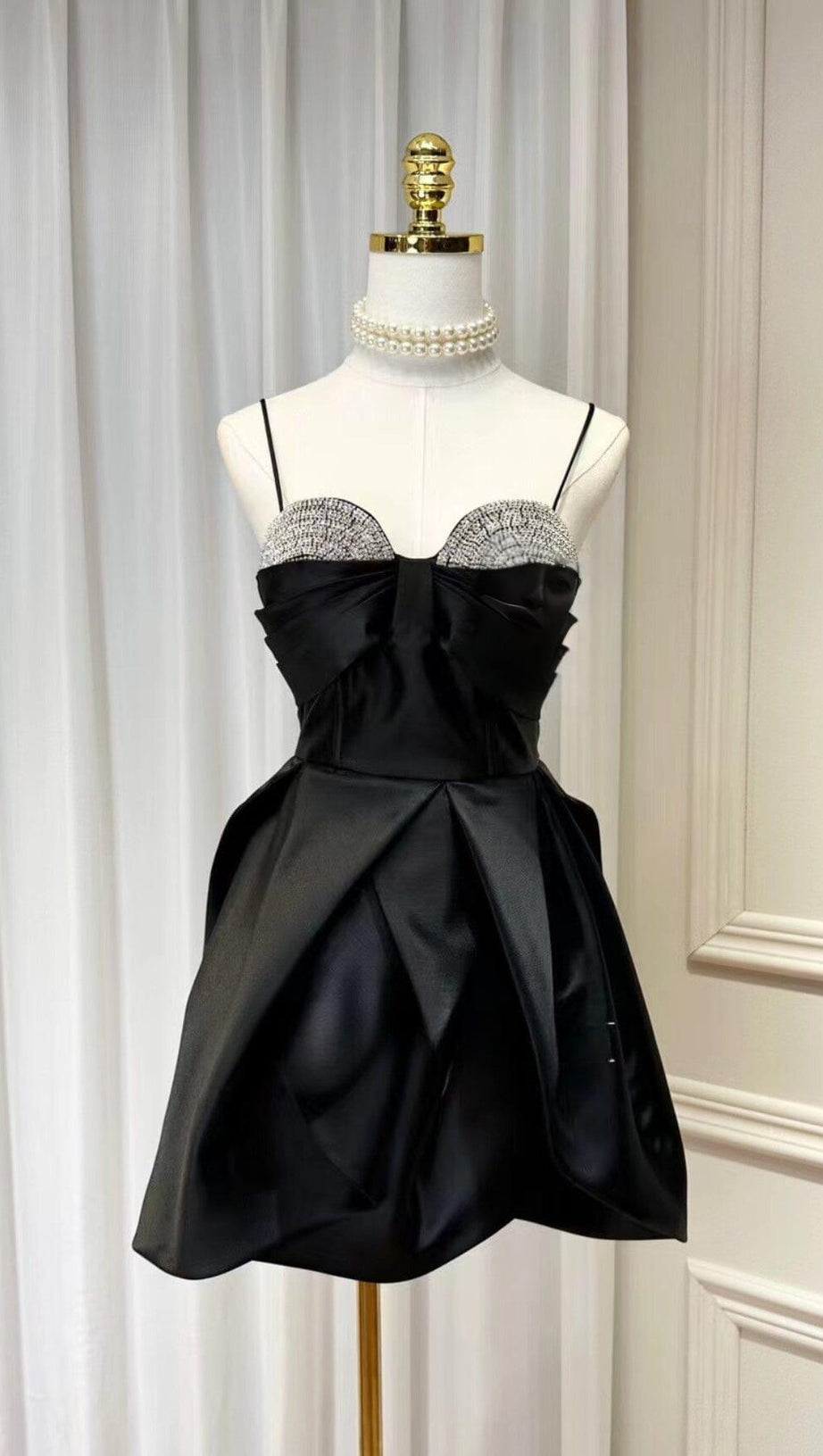 ELEGANT SUSPENDER MINI DRESS IN BLACK