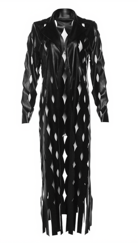 NYX CIRCLE HOLLOW LEATHER COAT IN BLACK