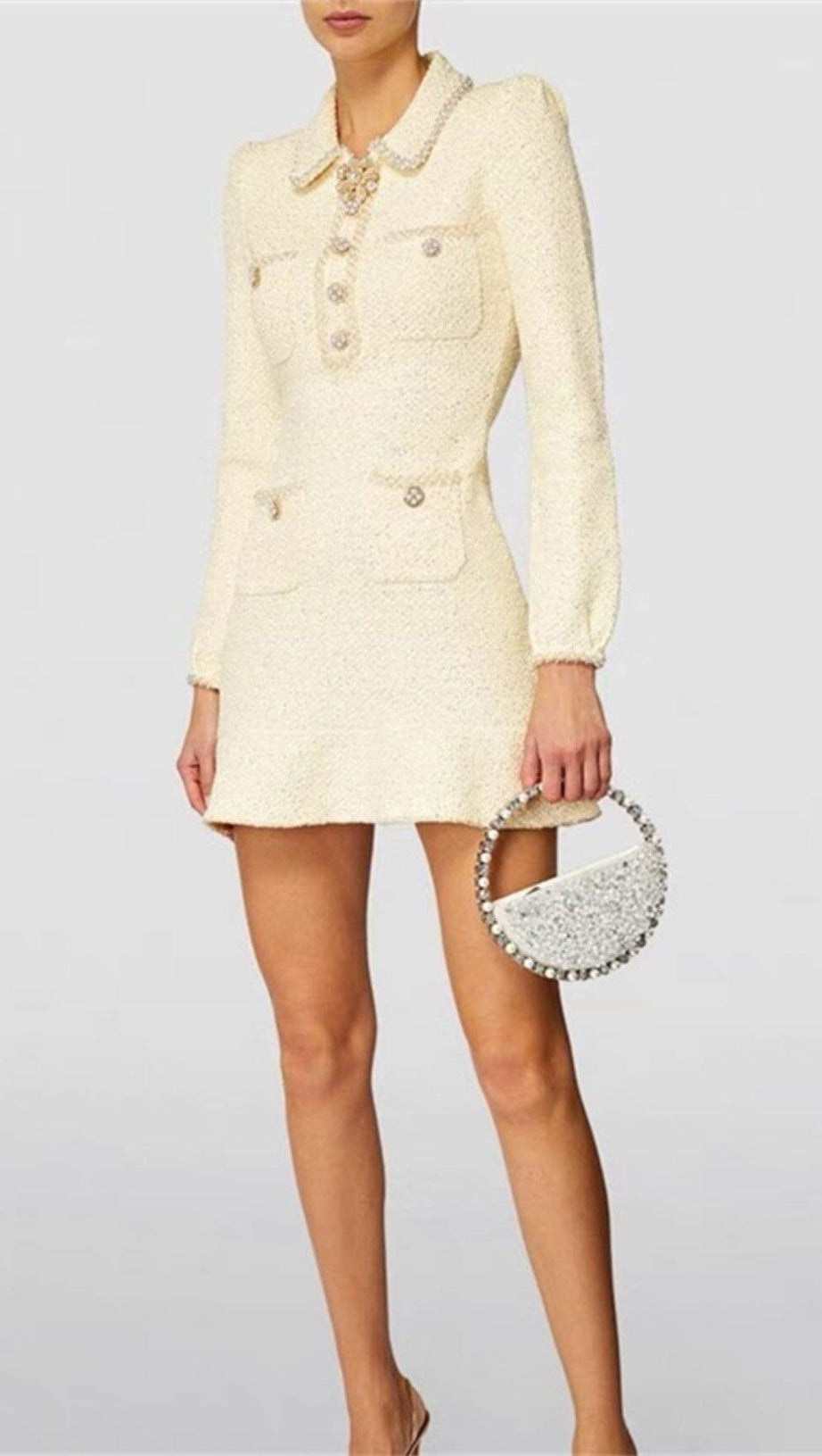 EMBELLISHED SEQUINED BOUCLÉ-KNIT MINI DRESS