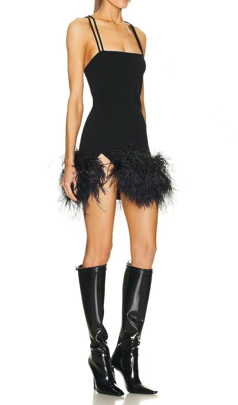 FEATHER BLACK MINI DRESS