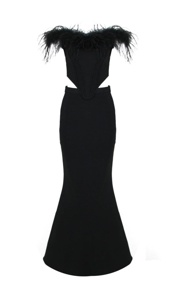 AIIZIE FEATHER OFF SHOULDER MERMAID MAXI DRESS BLACK - product image