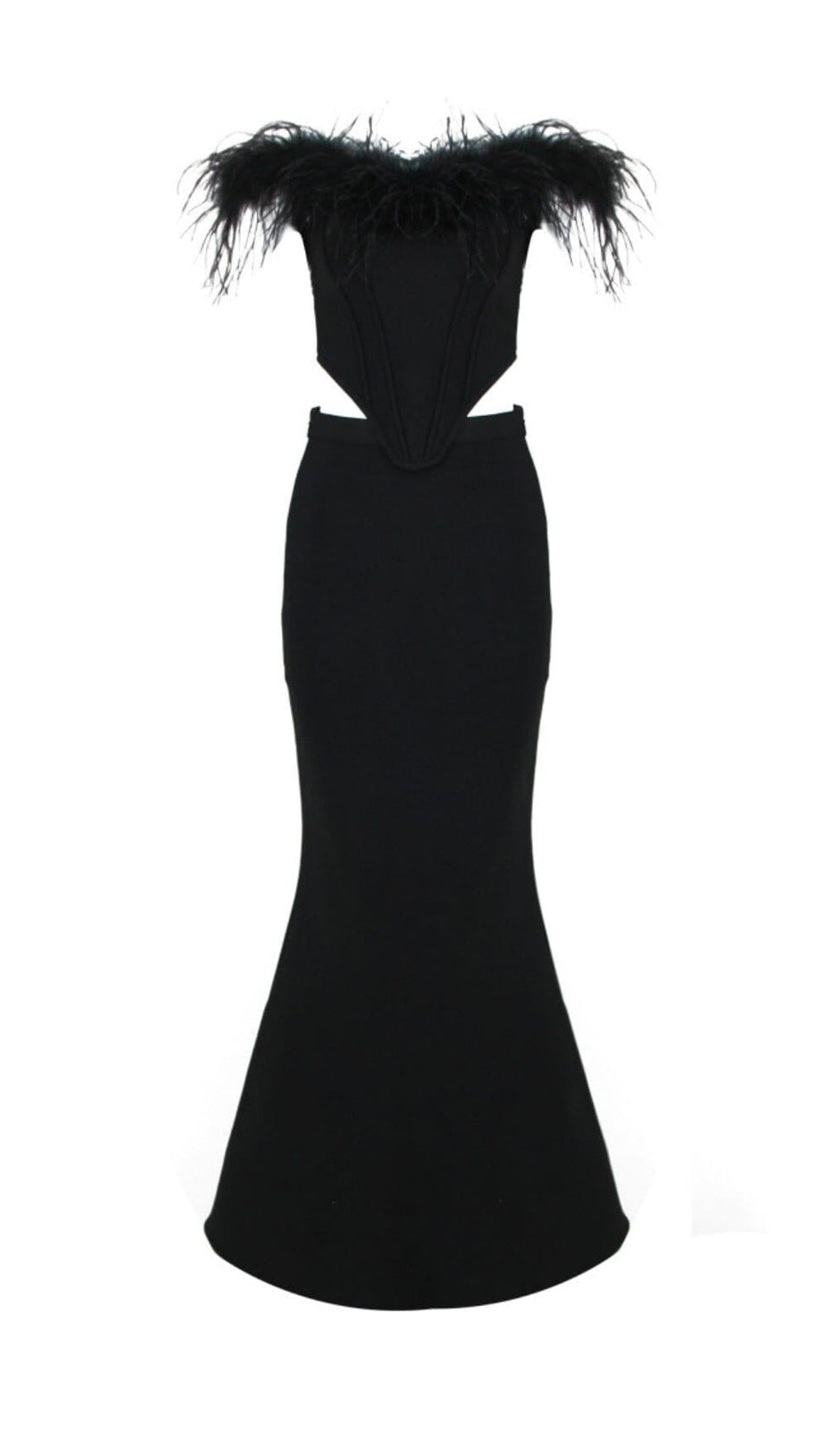 FEATHER OFF SHOULDER MERMAID MAXI DRESS BLACK
