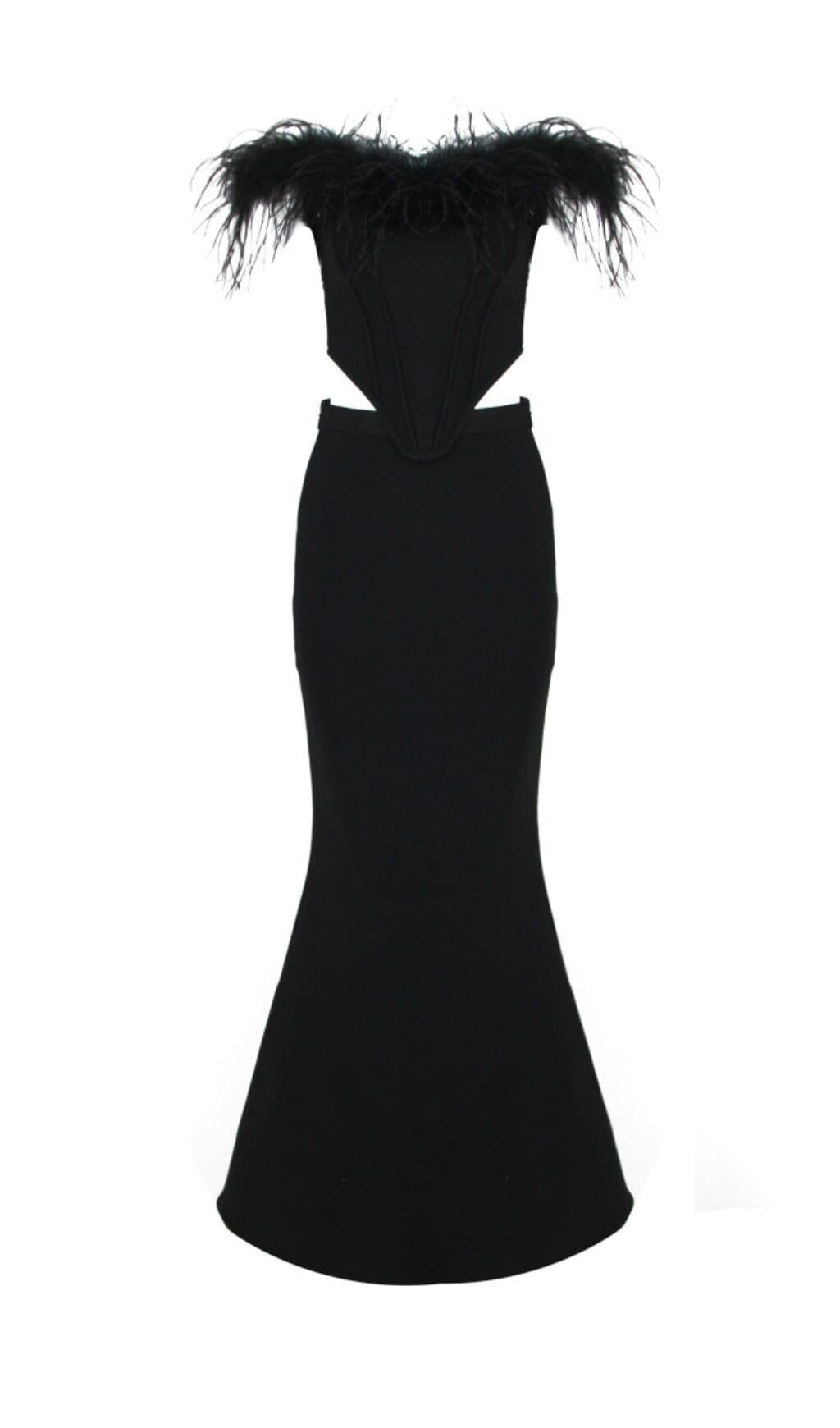 ABITO LUNGO A SIRENA CON SPALLE SCOPERTE E PIUME NERO