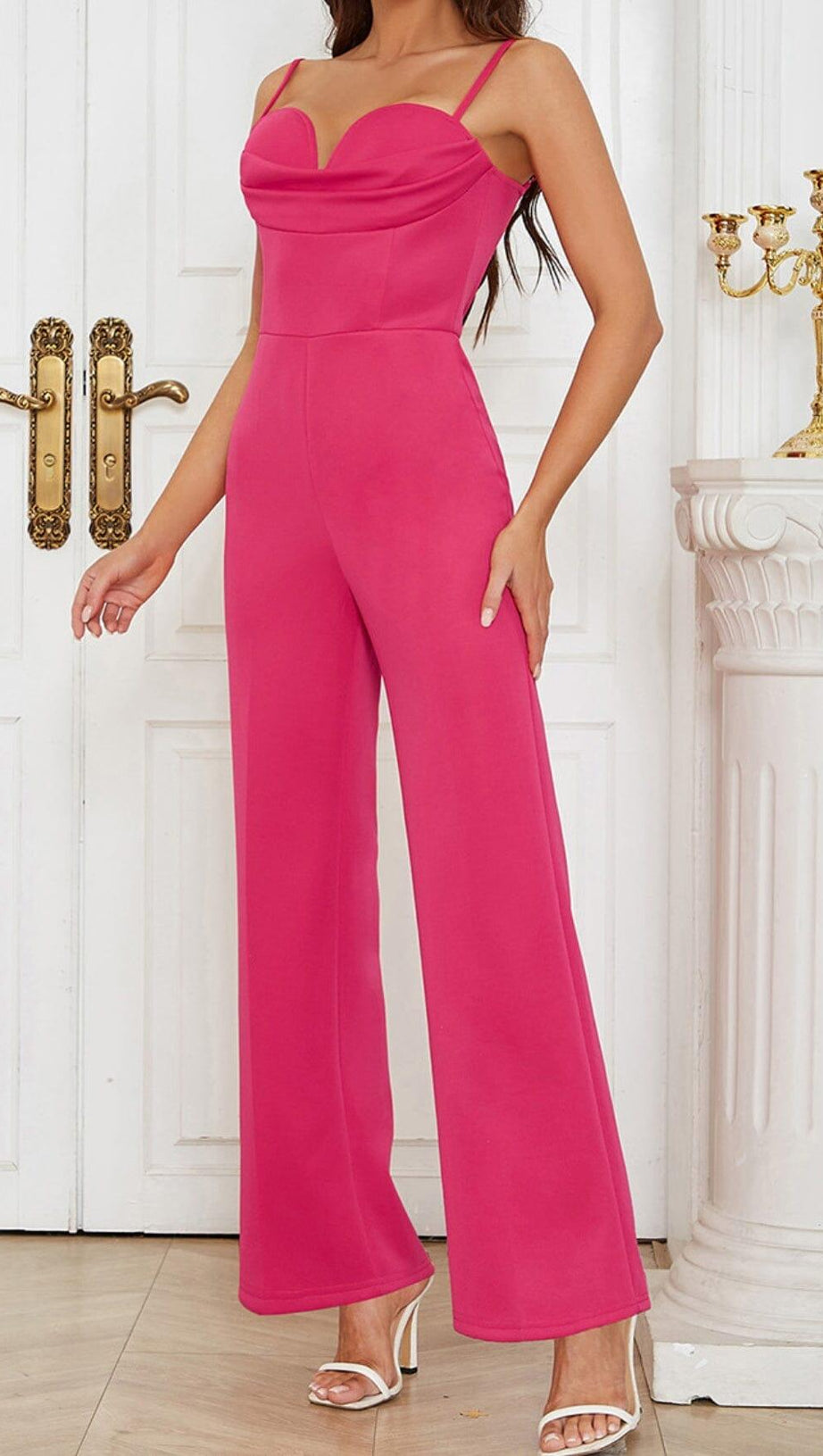 BANDAGE V NECK JUMPSUIT IN ROSE RED