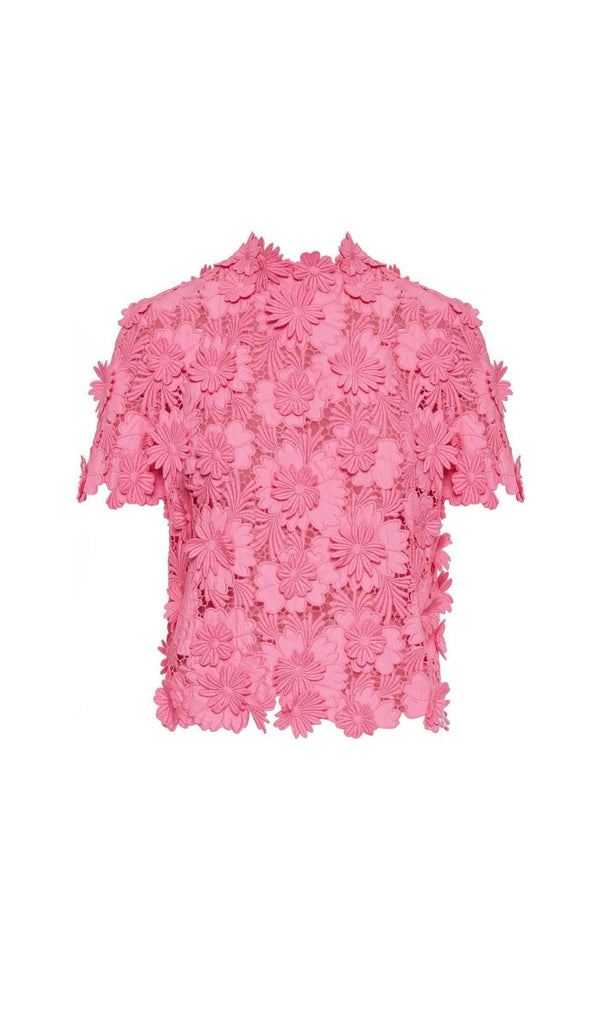 FLORAL LACE SHORT-SLEEVE BLOUSE SET IN PINK