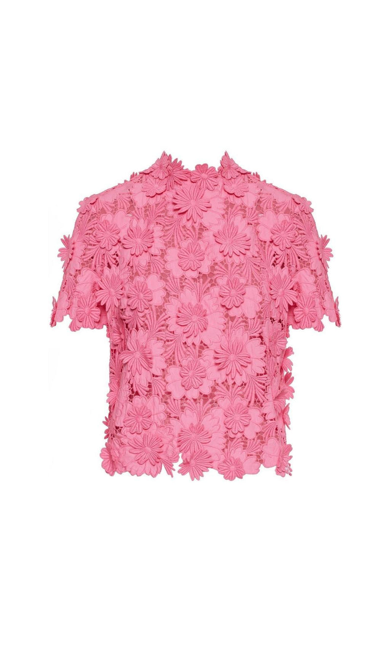 FLORAL LACE SHORT-SLEEVE BLOUSE SET IN PINK