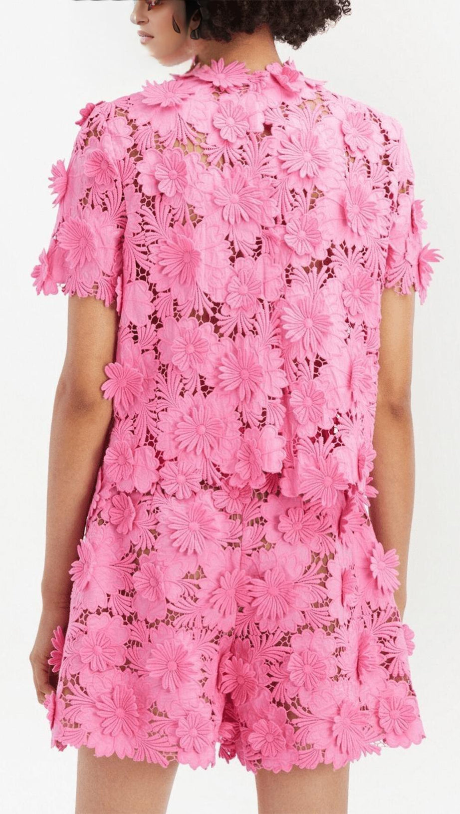 FLORAL LACE SHORT-SLEEVE BLOUSE SET IN PINK